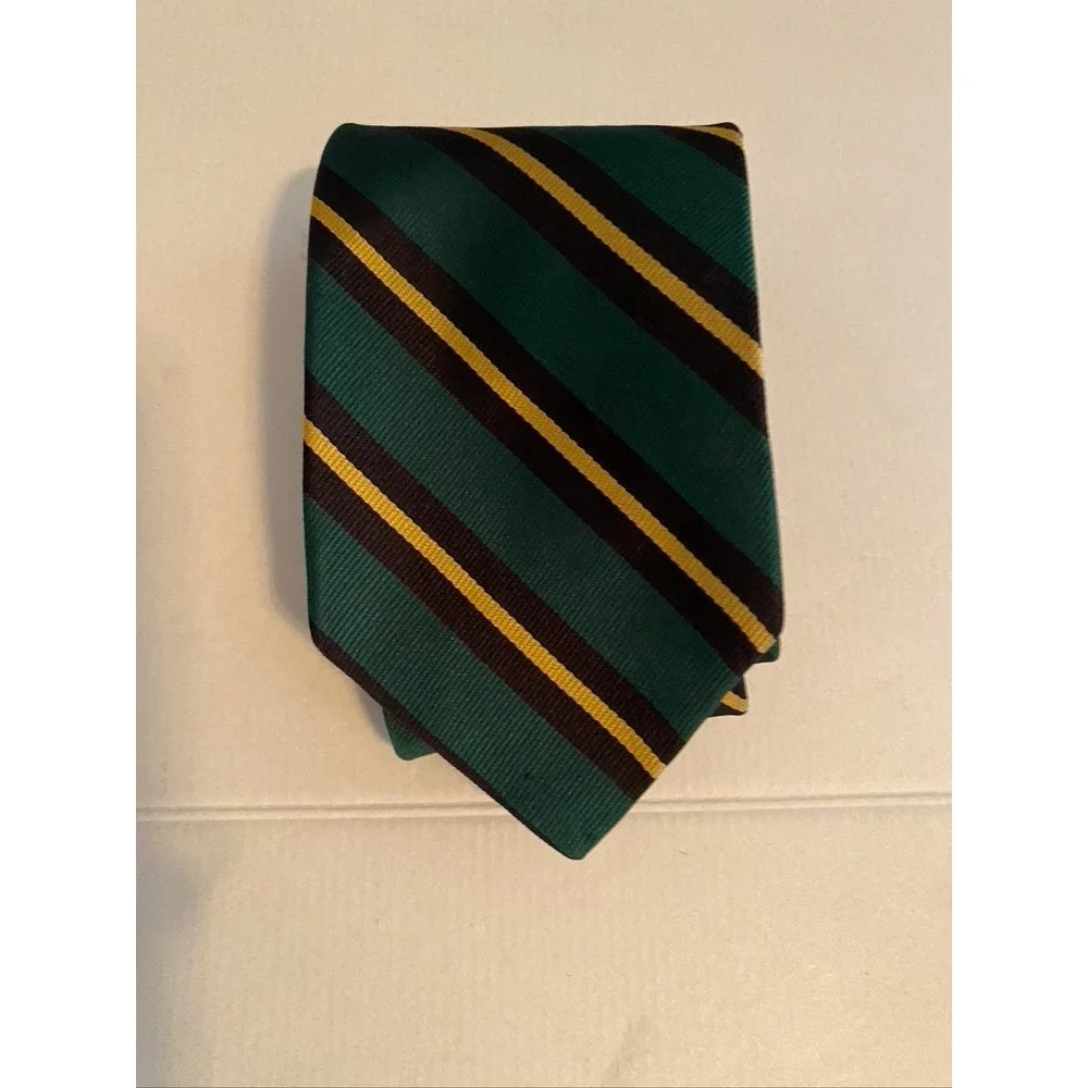Ben Silver Charleston London Silk Tie Green Navy Gold Striped Hand Made Mens